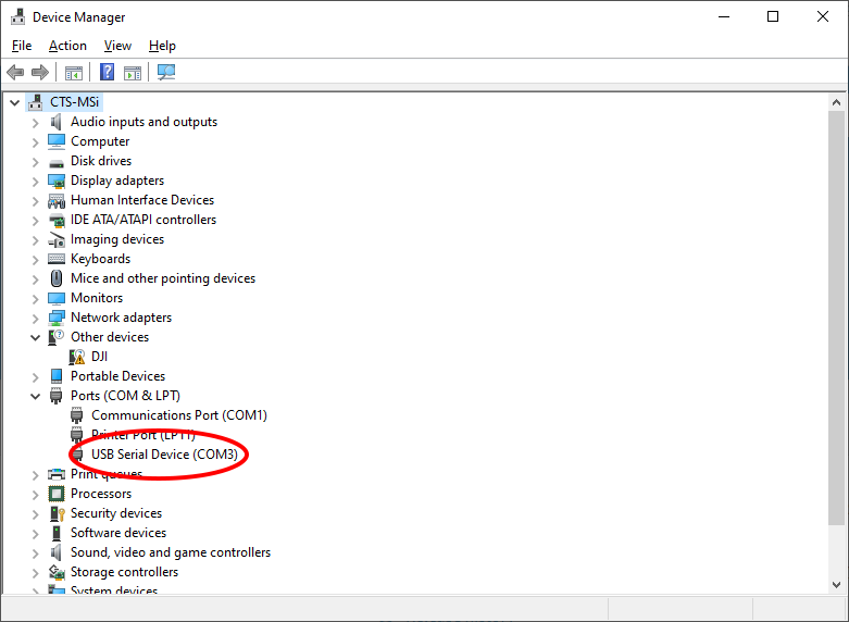Find DJI Spark COM Port in Device Manager